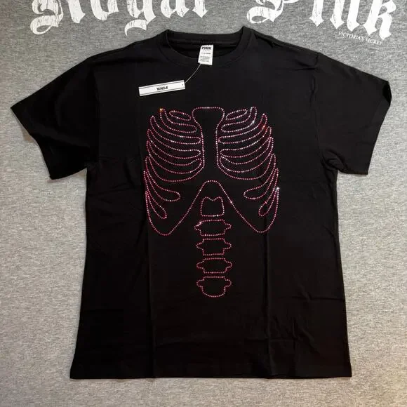 VS PINK Rhinestone Bling Halloween Skeleton Matching Campus Tee & Sweatpants Set - Picture 2 of 10